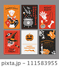 Halloween party promo sale social media template with magic elements. Cauldron with potion, magic hat, bat, skull, candle, pumpkin, magic ball, cards, ghost. Poster, banner, special offer. Vector 111583955