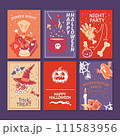 Halloween party promo sale social media template with magic elements. Cauldron with potion, magic hat, bat, skull, candle, pumpkin, magic ball, cards, ghost. Poster, banner, special offer. Vector 111583956