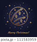 Gold illustration of Christmas symbol Fir Tree Branch with Cones line Icon concept. Flat vector sign, outline illustration isolated on gradient Background from Magic light blue to black. Vector 111583959