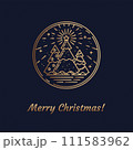Vector Gold Line Art illustration of Christmas symbol Christmas Trees with Star, Rows and Snowflakes Icon concept. Flat vector sign, outline illustration isolated on Magic Navy Blue Background. Vector 111583962