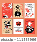 Halloween party promo sale social media template with magic elements. Cauldron with potion, magic hat, bat, skull, candle, pumpkin, magic ball, cards, ghost. Poster, banner, special offer. Vector 111583966