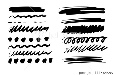 Brush drawn strikethrough vector elements. Set of grunge brush lines and strokes. Underline black graphic elements. Black ink doodle lines collection. Brush drawn strikethrough vector elements. Set of grunge brush lines and strokes. Underline black graphic elements. Black ink doodle lines collection. 111584595