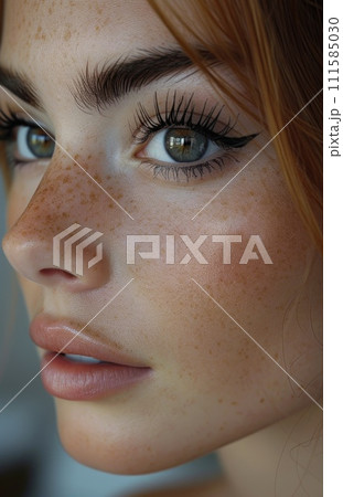 AI-generated content. Close-Up of a Woman With Freckles on Her Face. Generative AI. AI-generated content. Close-Up of a Woman With Freckles on Her Face. Generative AI. 111585030