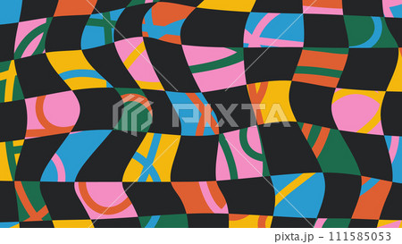 Groovy colorful checkered pattern. Abstract twisted chessboard retro vector background. Vintage trippy design in 70s-80s hippie style. Psychedelic flow grid. 111585053