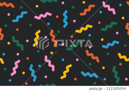 Fun seamless pattern with colorful confetti on black backdrop. Multi colored abstract festive background. Pop art style textures. Funky vector design. Flat design, cartoon. Fun seamless pattern with colorful confetti on black backdrop. Multi colored abstract festive background. Pop art style textures. Funky vector design. Flat design, cartoon. 111585054