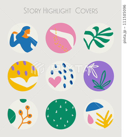 Set of trendy hand drawn story highlights covers. Vector icons on for social media, blogging. Simple naive art, Matisse inspired Set of trendy hand drawn story highlights covers. Vector icons on for social media, blogging. Simple naive art, Matisse inspired 111585096
