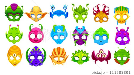 Photo booth space alien masks and props for kids party or avatars, vector cartoon faces. Alien creatures, extraterrestrial monsters and galactic humanoid mutants with funny happy slugs for photo booth Photo booth space alien masks and props for kids party or avatars, vector cartoon faces. Alien creatures, extraterrestrial monsters and galactic humanoid mutants with funny happy slugs for photo booth 111585801