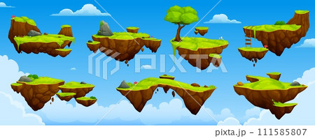Floating island, game platforms and arcade levels with trees and grass, cartoon vector. Island rocks flying in sky or levitating with ladders and jump platforms for adventure game level interface Floating island, game platforms and arcade levels with trees and grass, cartoon vector. Island rocks flying in sky or levitating with ladders and jump platforms for adventure game level interface 111585807