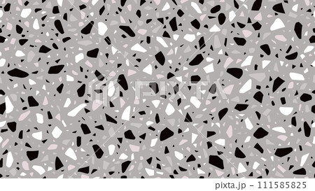 Grey, pink and black terrazo marble stone pattern or terazo background, vector mosaic tile. Terazzo ceramic or terrazzo floor texture of abstract broken stones and marble parts for interior pattern 111585825