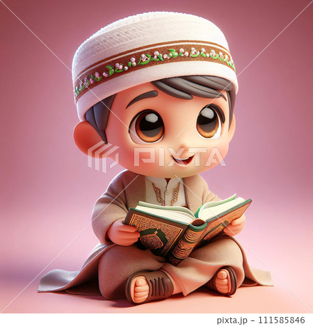 AI-generated content. Quran Reading, Delighted 3D Animated Boy in Islamic Garb 111585846