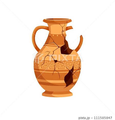 Ancient broken pottery and vase. Old ceramic cracked pot and jug. Isolated vector fragmented, patterned remnants of clay urn bear the scars of time, revealing the craftsmanship of bygone civilizations 111585847