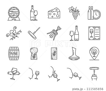 Wine outline icons of vector line bottles, glasses and barrels, vine, grapes, cheese, corks and corkscrew. Wine alcohol drink set with winery, bar and restaurant winecard, sommelier and wineglasses Wine outline icons of vector line bottles, glasses and barrels, vine, grapes, cheese, corks and corkscrew. Wine alcohol drink set with winery, bar and restaurant winecard, sommelier and wineglasses 111585856