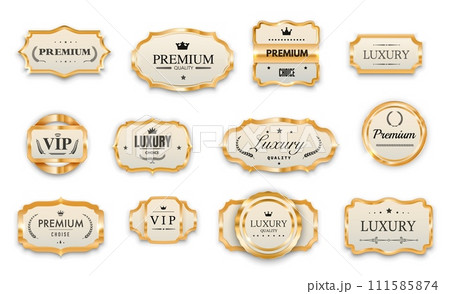 Luxury VIP golden labels, premium tags and award seals, quality stamps and stickers, vector set. Shiny golden VIP badges for premium quality wreath ribbon, star and royal crown for VIP certificate Luxury VIP golden labels, premium tags and award seals, quality stamps and stickers, vector set. Shiny golden VIP badges for premium quality wreath ribbon, star and royal crown for VIP certificate 111585874