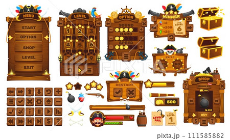 Pirates and corsairs game UI interface, game buttons and GUI elements, vector assets. Pirate cannons and bombs, treasure chest and gold coins, arcade game menu buttons and controls of level options 111585882