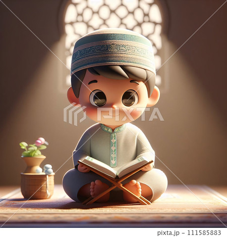 AI-generated content. Islamic Attire, 3D Cartoon Boy Reads Quran Happily 111585883