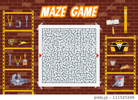 Kids labyrinth maze quiz game, help cartoon DIY and repair tools characters to find friends, vector puzzle worksheet. Funny work tools, wrench, brush and carpentry ruler to find way out from labyrinth 111585886