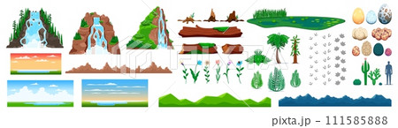 Dinosaur Jurassic era environment game assets, vector waterfall cascade and lake, mountains and river. Dino eggs and footprint fossil, sky and flowers, fern, stumps and logs for dinosaur arcade game 111585888