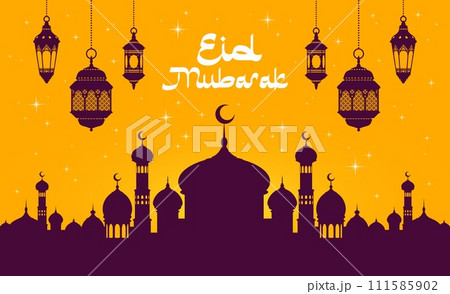 Eid Mubarak and Ramadan Kareem holiday greetings, Arabian lantern lamps with city and Muslim mosque, vector silhouettes. Islam religious holiday banner with traditional Muslim symbols of Eid Mubarak 111585902