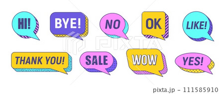 Memphis speech bubbles isolated vector set. Vibrant dialog elements or clouds featuring bold colors, thick outlines and dynamic visual typography hi, bye, no, ok and like, thank you, sale, wow and yes Memphis speech bubbles isolated vector set. Vibrant dialog elements or clouds featuring bold colors, thick outlines and dynamic visual typography hi, bye, no, ok and like, thank you, sale, wow and yes 111585910