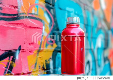 Graffiti spray can on a colorful graffiti wall. Street art concept. Graffiti spray can on a colorful graffiti wall. Street art concept. 111585986