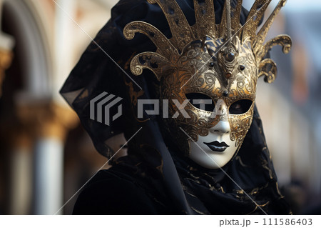 Elegant Person in Ornate Mask and Costume at Venice Carnival Elegant Person in Ornate Mask and Costume at Venice Carnival 111586403