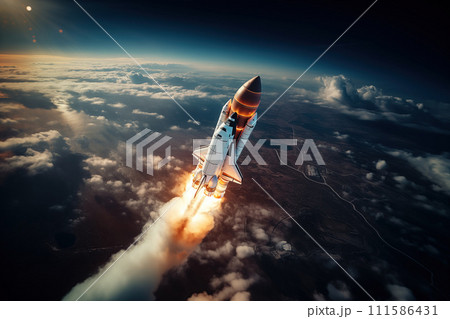 Aerial view of rocket launch at sunrise over ocean coast Aerial view of rocket launch at sunrise over ocean coast 111586431