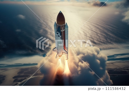 Aerial view of rocket launch at sunrise over ocean coast Aerial view of rocket launch at sunrise over ocean coast 111586432