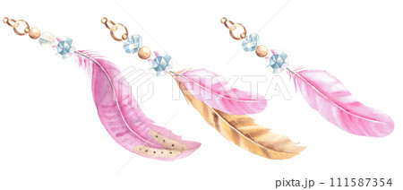 Set of watercolor compositions from pale beige and pink feathers, crystals and beads isolated on white background, hand drawn illustration. Design elements for decoration, dream catcher, cards and 111587354