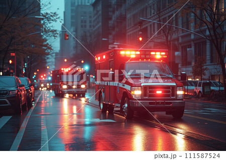 Ambulances with flashing lights rush through wet urban streets during a rainy evening emergency response. 111587524