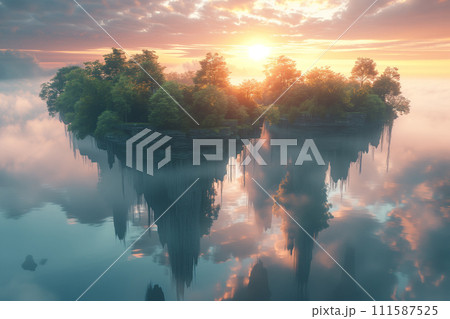 A tranquil sunrise over a misty lake with small, grassy islands and a lone tree reflecting on the water's surface. 111587525