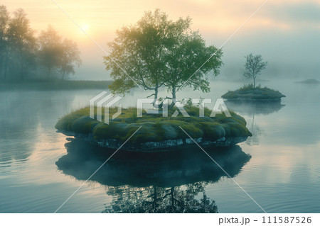 A tranquil sunrise over a misty lake with small, grassy islands and a lone tree reflecting on the water's surface. 111587526