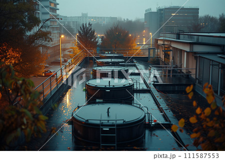 A water treatment facility on a foggy autumn morning, with orange foliage and city lights in the background. 111587553