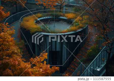 A water treatment facility on a foggy autumn morning, with orange foliage and city lights in the background. 111587555