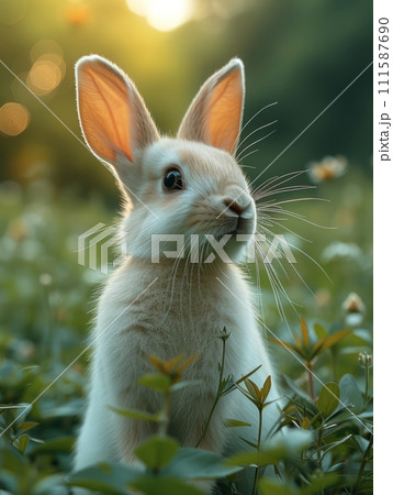 AI-generated content. Beautiful Furry Easter Rabbit Bunny on Sunny Meadow. Bokeh Lights, Spring Garden, Traditional Easter Scene. 111587690