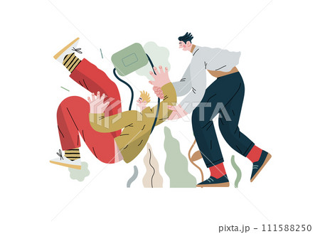 Mutual Support, Assisting Falling Person- modern flat vector concept illustration of man slipping, another supports him, preventing fall. Metaphor of voluntary, collaborative exchange of service Mutual Support, Assisting Falling Person- modern flat vector concept illustration of man slipping, another supports him, preventing fall. Metaphor of voluntary, collaborative exchange of service 111588250