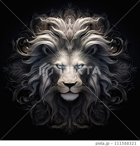 The head of a male lion has a long, beautiful mane of fur on black background, Mammals, Wildlife Animals. Illustration, Generative AI. 111588321