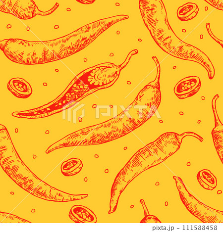 Seamless pattern with hand drawn chili peppers. Vector illustration in engraving style. Seamless pattern with hand drawn chili peppers. Vector illustration in engraving style. 111588458
