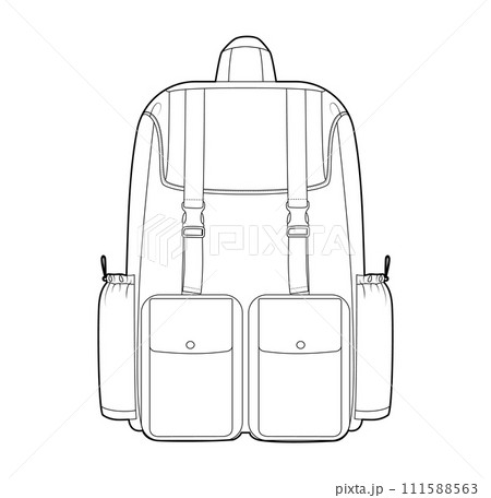 Outdoors backpack silhouette bag. Fashion accessory technical illustration. Vector schoolbag front view for Men, women 111588563