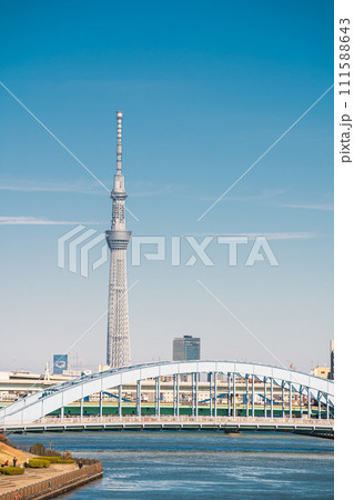 「(東京都」ウォーターフロント新川から見る永代橋とスカイツリーの風景 111588643