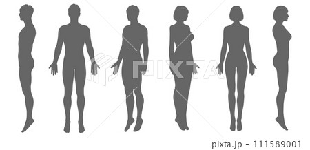 男性と女性の全身正面 横向き 斜めのシルエットイラストセット 111589001