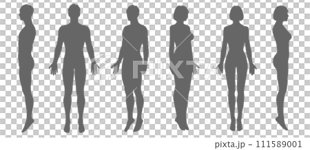 男性と女性の全身正面 横向き 斜めのシルエットイラストセット 111589001