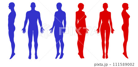赤色と青色の男女の全身正面 横向き 斜めのシルエットイラストセット 111589002