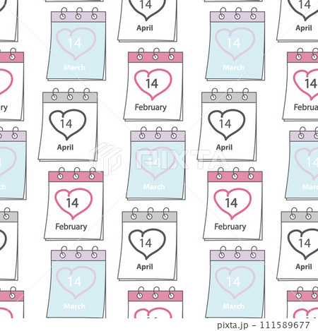 Seamless pattern of calendar pages with Valentines Day, White and Black Day dates and stroke by hand 111589677
