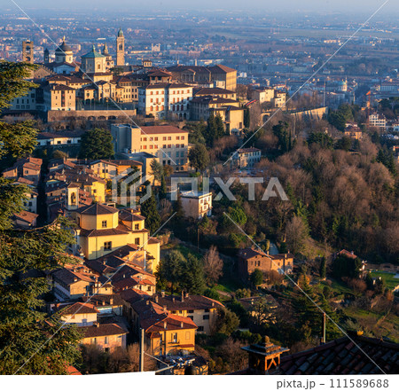 Panoramic view of cityscape Bergamo, aerial view to the city in the mountain valley 111589688