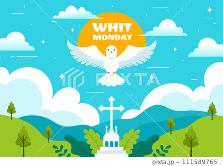 Whit Monday Vector Illustration with a Pigeon or Dove for Christian Community Holiday of the Holy Spirit in Flat Cartoon Background Design 111589765