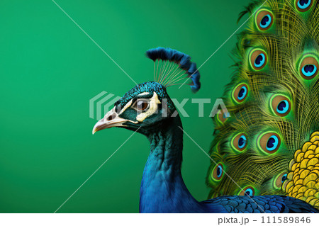 AI-generated content. Vibrant Plumage: Majestic Peacock Radiating Elegance and Beauty in Close-Up, Against a Tropical Background AI-generated content. Vibrant Plumage: Majestic Peacock Radiating Elegance and Beauty in Close-Up, Against a Tropical Background 111589846