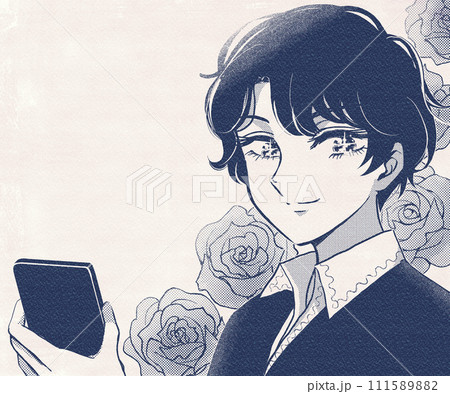 王子系美少年がスマホを持って微笑む70sレトロイラスト 111589882