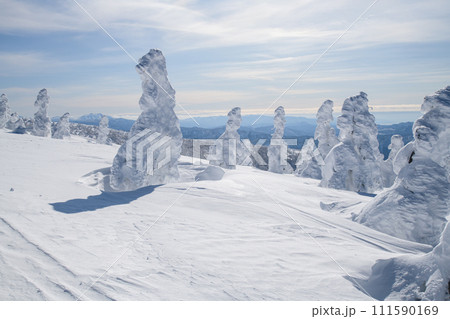 遠く秋田駒ヶ岳が望める快晴の森吉山樹氷群 秋田県 遠く秋田駒ヶ岳が望める快晴の森吉山樹氷群 秋田県 111590169