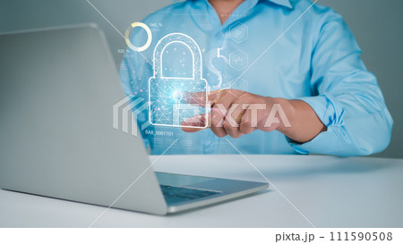 Businessman using computer secure encryption technology, cybersecurity privacy of data protection, security Internet access, security encryption of user private data, business confidentiality. 111590508