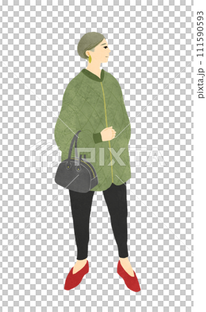 カーキのジャケットを着たツーブロックヘアのおしゃれな女の子のイラスト 111590593